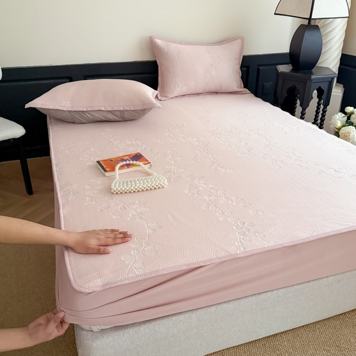 吾欢心 2026新款高端复合三明治PE乙纶双面提花高克重凉席三件套浅夏系列 PE浅夏粉-床笠款