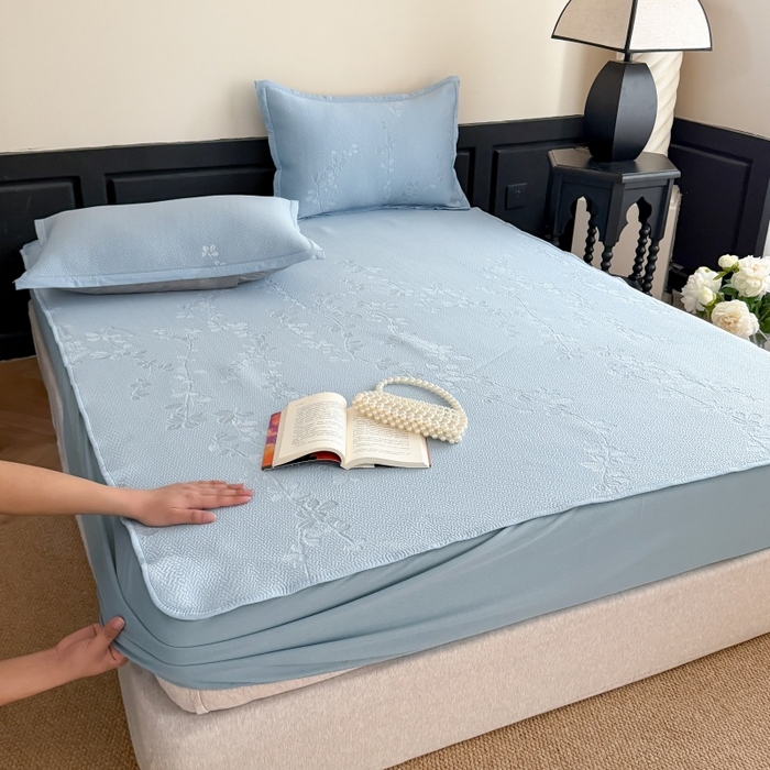 吾欢心 2026新款高端复合三明治PE乙纶双面提花高克重凉席三件套浅夏系列 PE浅夏蓝-床笠款