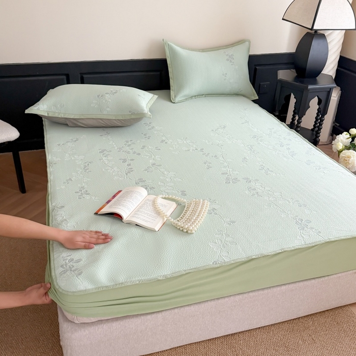 吾欢心 2026新款高端复合三明治PE乙纶双面提花高克重凉席三件套浅夏系列 PE浅夏绿-床笠款