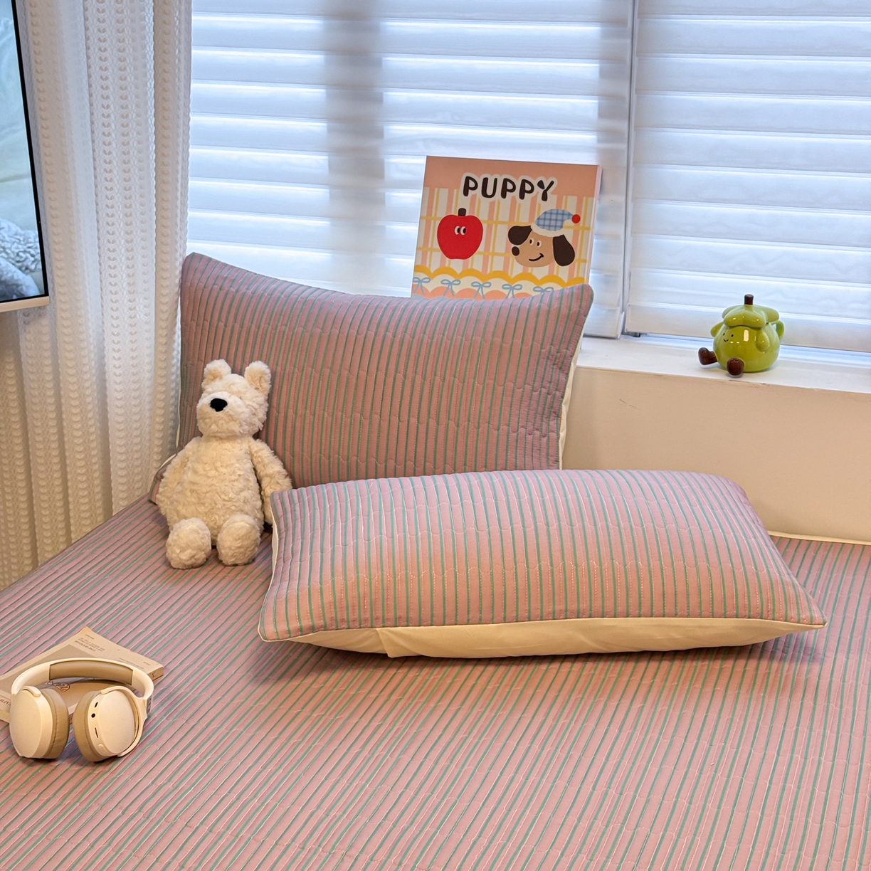 91家纺网 家纺一手货源 找家纺 慕尚家纺 2026新款简约风条纹床盖三件套 粉豆沙+绿条纹