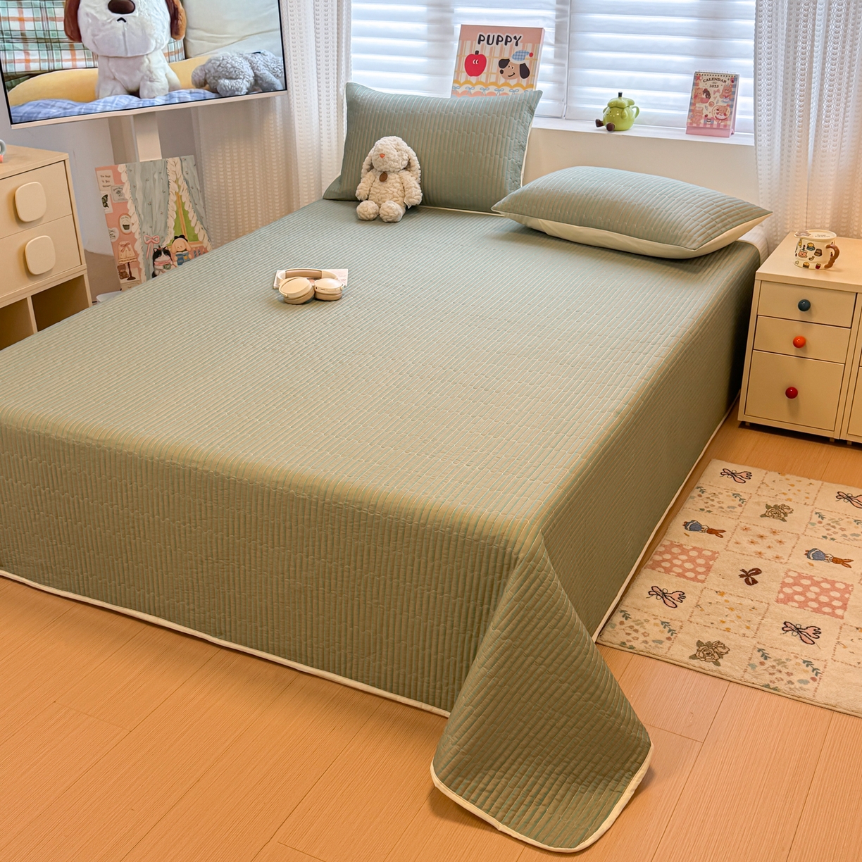 91家纺网 家纺一手货源 找家纺 （总）慕尚家纺 2026新款简约风条纹床盖三件套