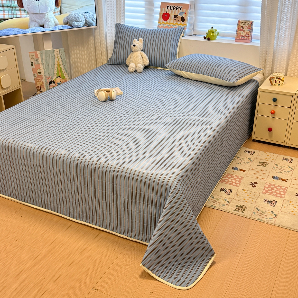 91家纺网 家纺一手货源 找家纺 （总）慕尚家纺 2026新款简约风条纹床盖三件套