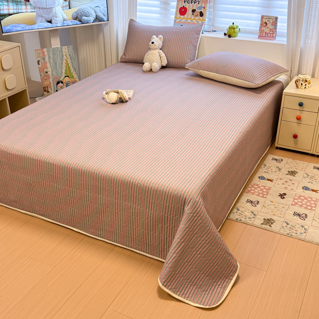 慕尚家纺 2026新款简约风条纹床盖三件套 粉豆沙+绿条纹