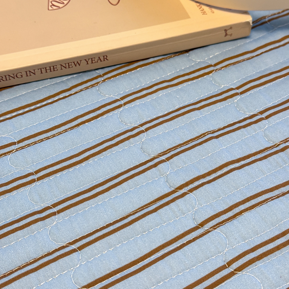 91家纺网 家纺一手货源 找家纺 慕尚家纺 2026新款简约风条纹床盖三件套 天空蓝+咖条纹