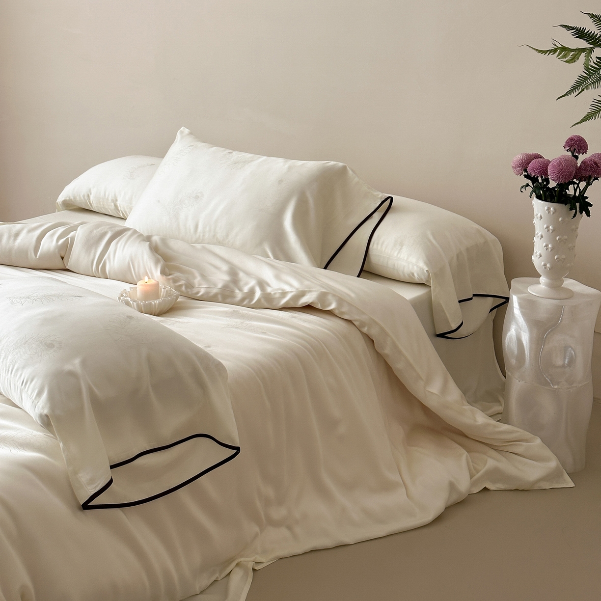 91家纺网 家纺一手货源 找家纺 三味舒屋 2026新款60s天丝提花系列四件套-羽柔 羽柔白