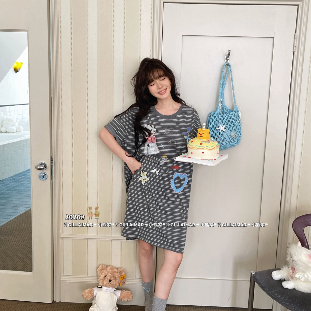 （总）妍景家居生活馆 2026新款莱赛尔冰丝棉睡裙-板凳小狗T深灰