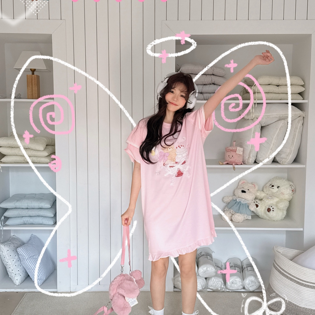 （总）妍景家居生活馆 2026新款莱赛尔冰丝棉睡裙-蛋糕小熊T粉