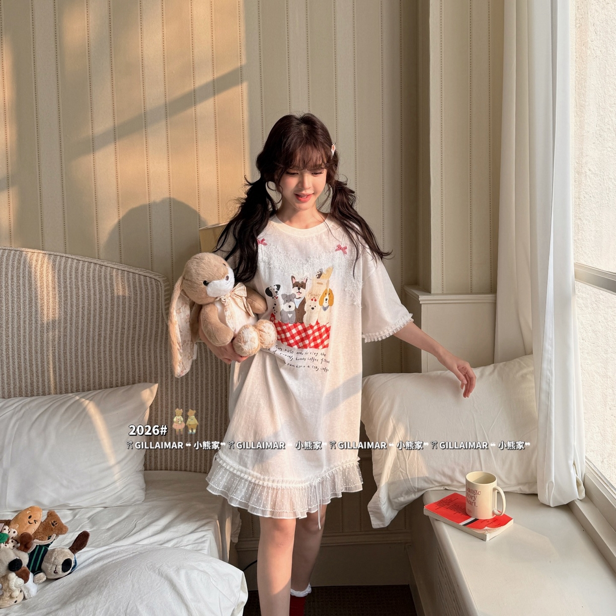 91家纺网 家纺一手货源 找家纺 （总）妍景家居生活馆 2026新款莱赛尔冰丝棉睡裙-红地毯白T