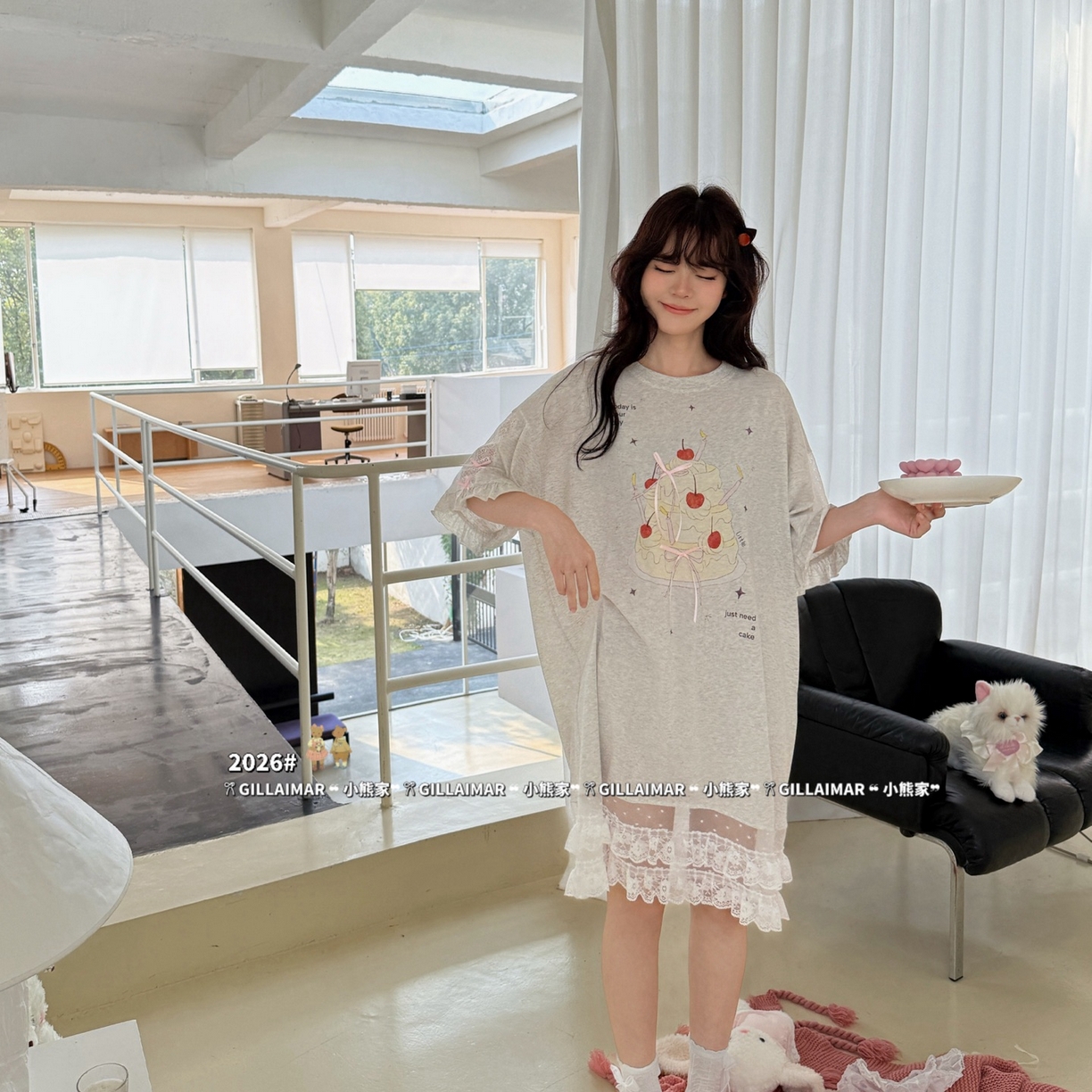 （总）妍景家居生活馆 2026新款莱赛尔冰丝棉睡裙-蕾丝蛋糕T浅灰