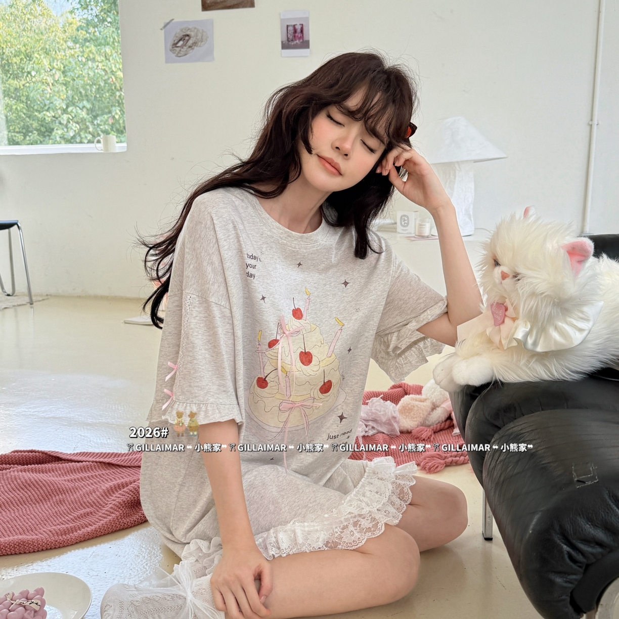 91家纺网 家纺一手货源 找家纺 （总）妍景家居生活馆 2026新款莱赛尔冰丝棉睡裙-蕾丝蛋糕T浅灰