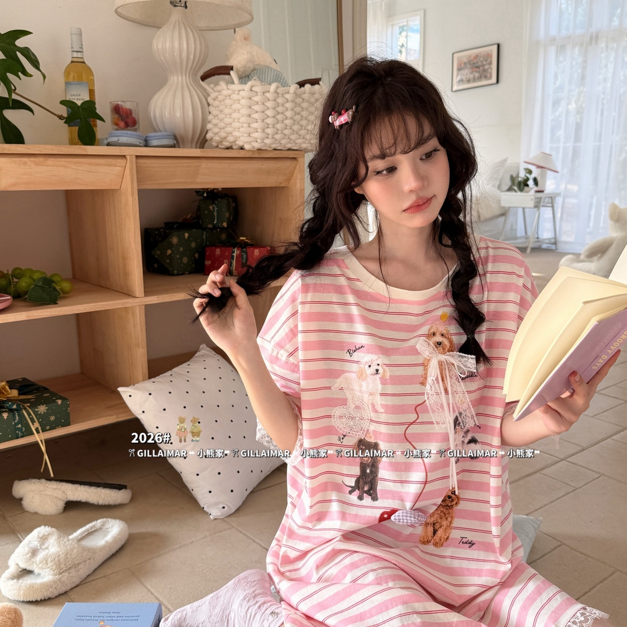 91家纺网 家纺一手货源 找家纺 （总）妍景家居生活馆 2026新款莱赛尔冰丝棉睡裙-条纹派对粉T