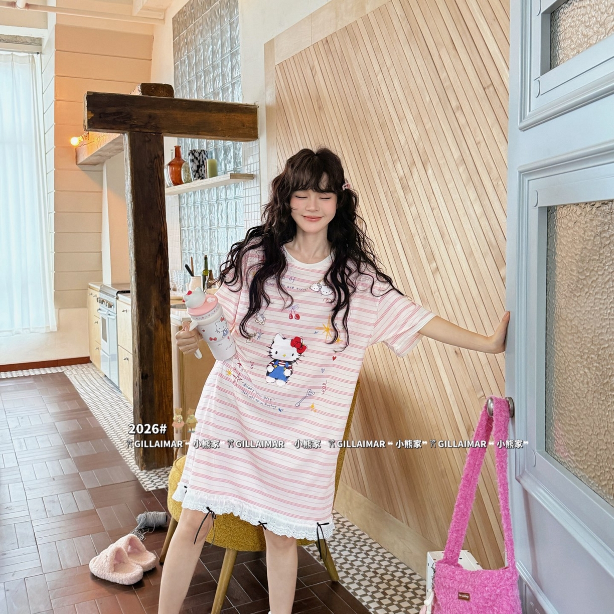 91家纺网 家纺一手货源 找家纺 妍景家居生活馆 2026新款莱赛尔冰丝棉睡裙-无忧KT 无忧KT-粉色