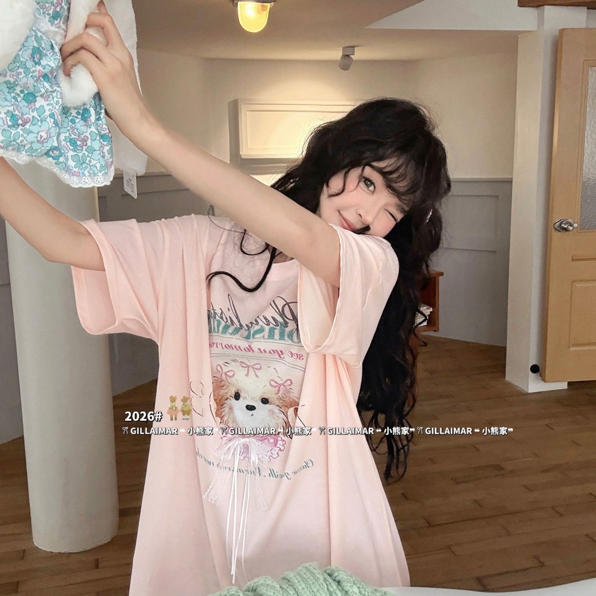 91家纺网 家纺一手货源 找家纺 妍景家居生活馆 2026新款莱赛尔冰丝棉睡裙-星星小狗T 星星小狗T-粉色