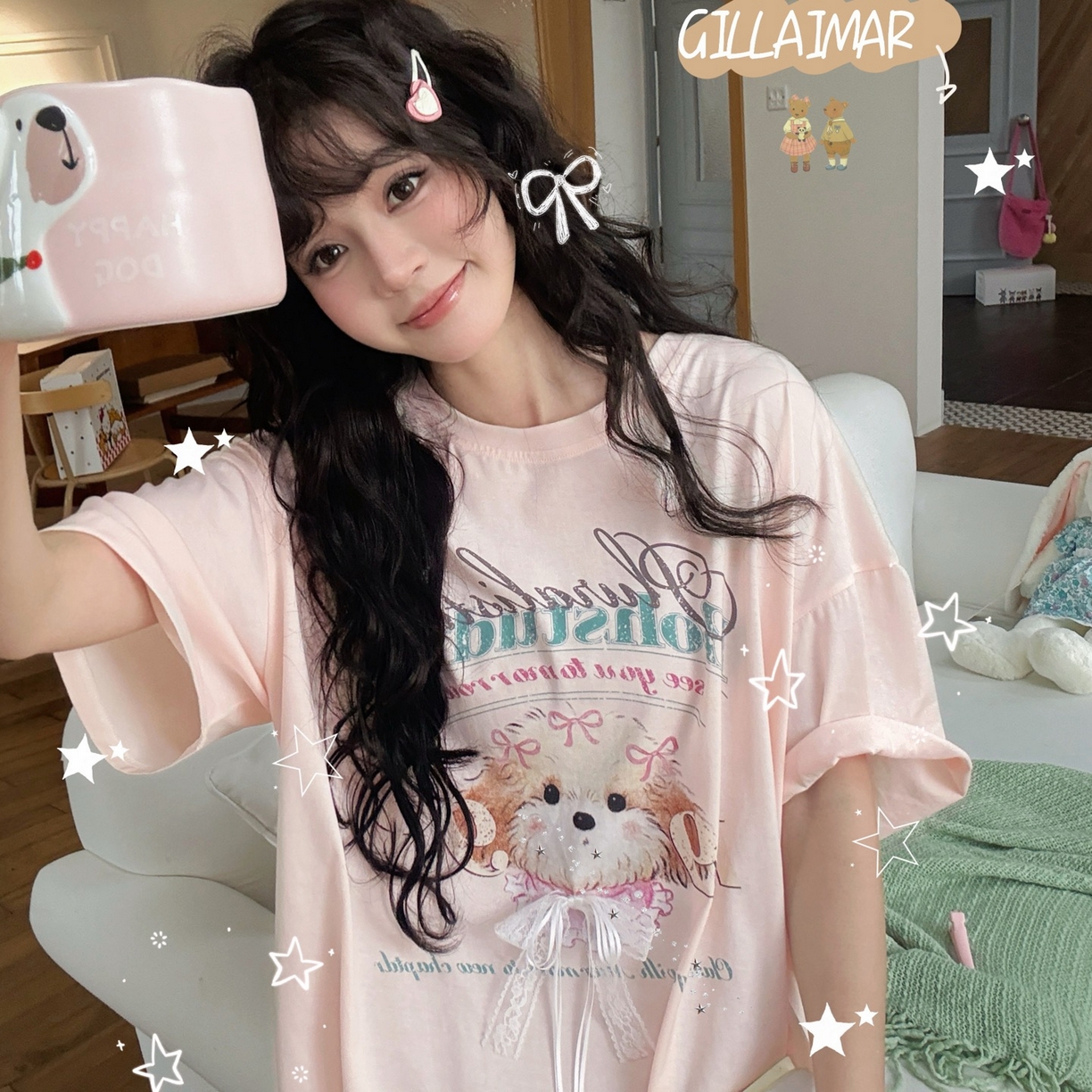 91家纺网 家纺一手货源 找家纺 妍景家居生活馆 2026新款莱赛尔冰丝棉睡裙-星星小狗T 星星小狗T-粉色