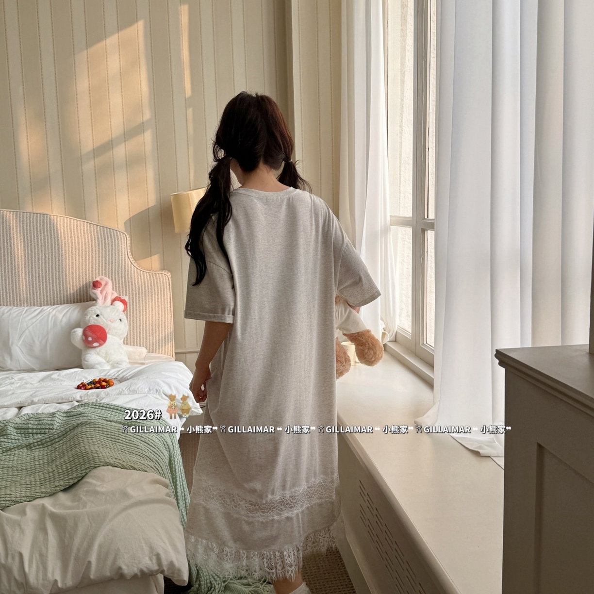 91家纺网 家纺一手货源 找家纺 妍景家居生活馆 2026新款莱赛尔冰丝棉睡裙-星星小狗T 星星小狗T-灰色