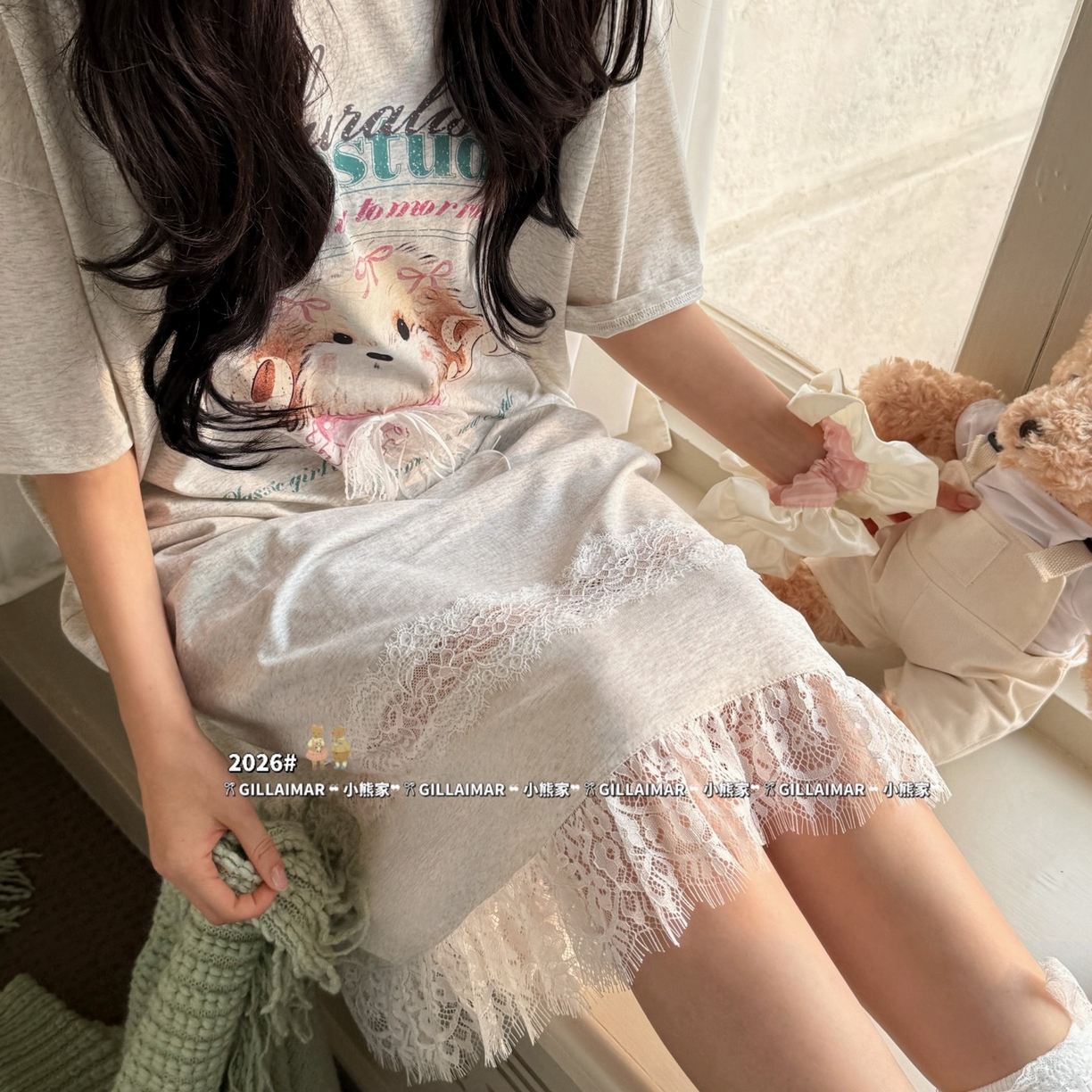 91家纺网 家纺一手货源 找家纺 妍景家居生活馆 2026新款莱赛尔冰丝棉睡裙-星星小狗T 星星小狗T-灰色