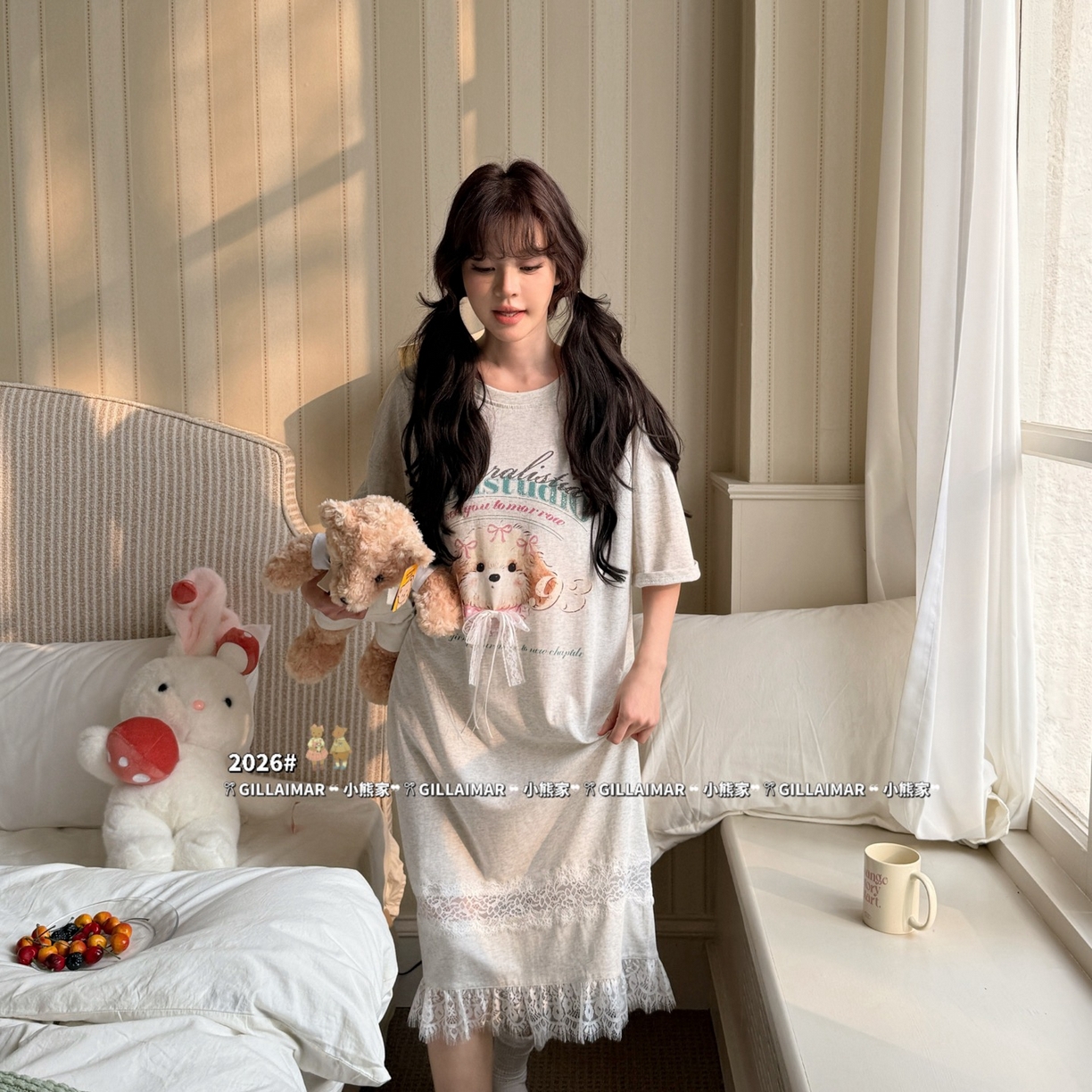 91家纺网 家纺一手货源 找家纺 妍景家居生活馆 2026新款莱赛尔冰丝棉睡裙-星星小狗T 星星小狗T-灰色