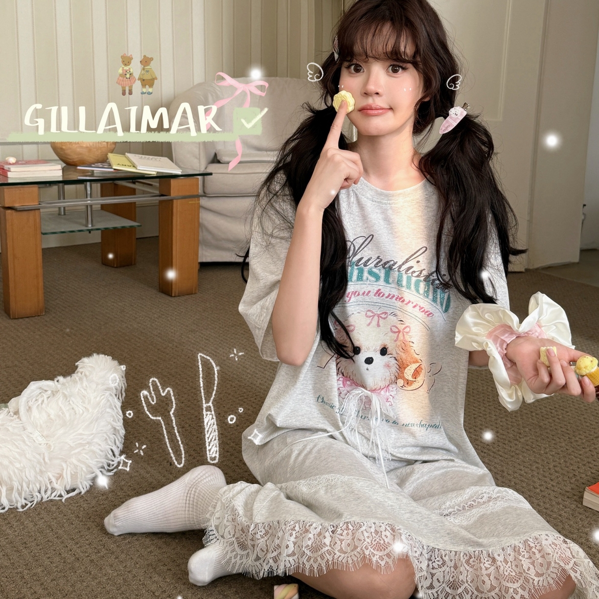 91家纺网 家纺一手货源 找家纺 妍景家居生活馆 2026新款莱赛尔冰丝棉睡裙-星星小狗T 星星小狗T-灰色