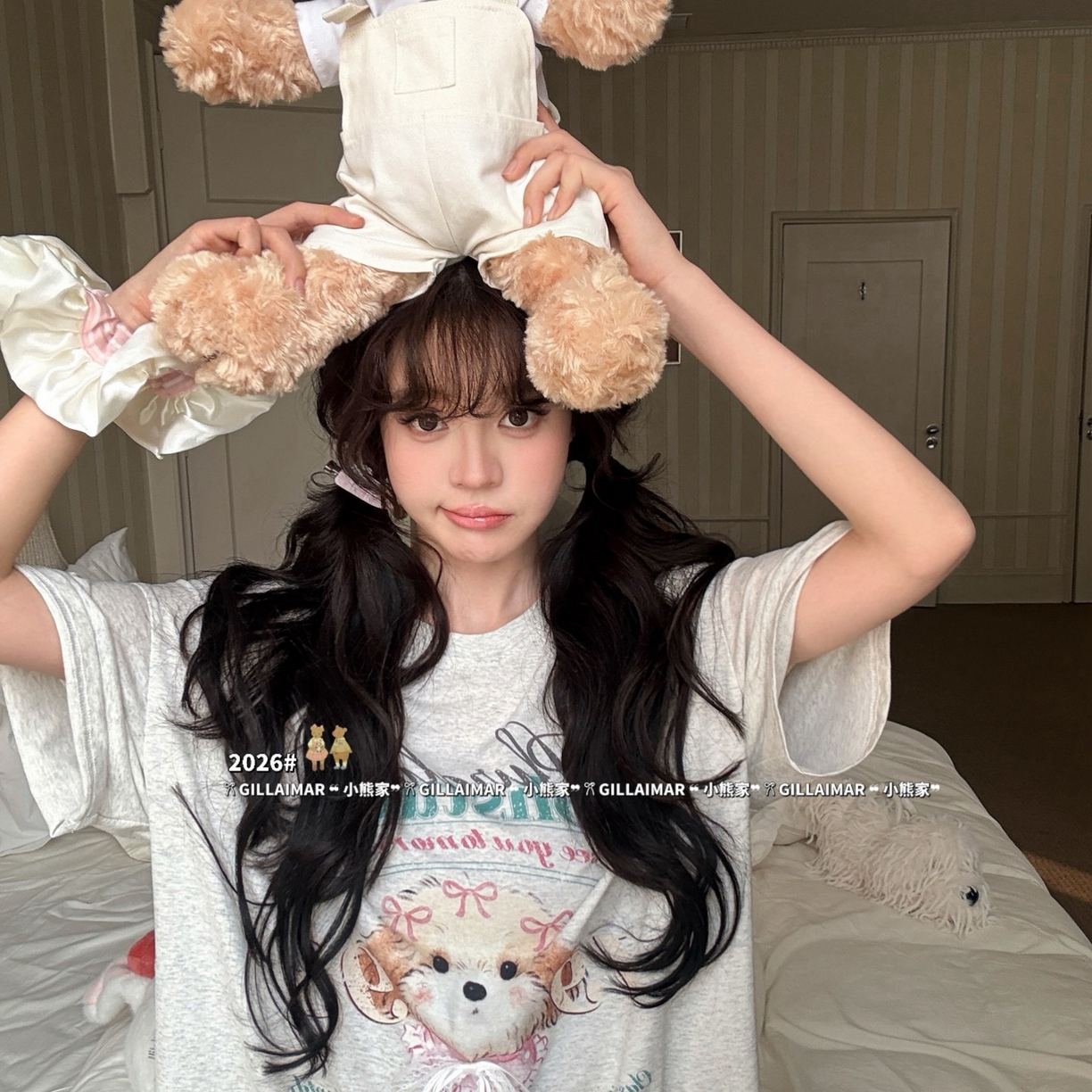 91家纺网 家纺一手货源 找家纺 妍景家居生活馆 2026新款莱赛尔冰丝棉睡裙-星星小狗T 星星小狗T-灰色