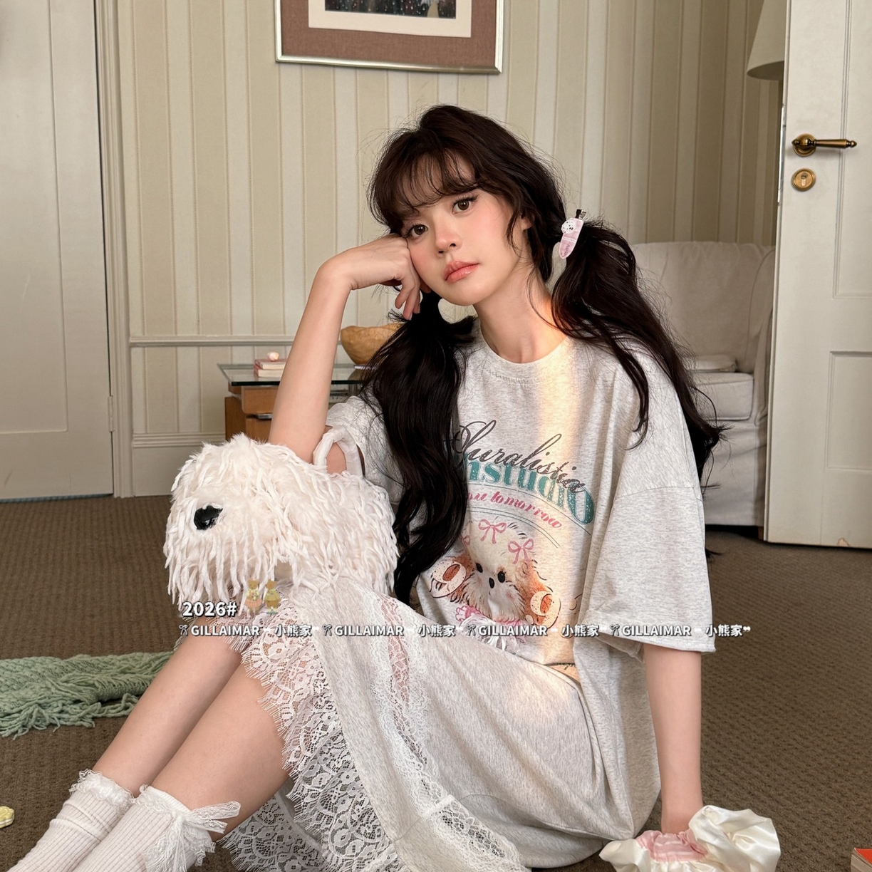 91家纺网 家纺一手货源 找家纺 妍景家居生活馆 2026新款莱赛尔冰丝棉睡裙-星星小狗T 星星小狗T-灰色