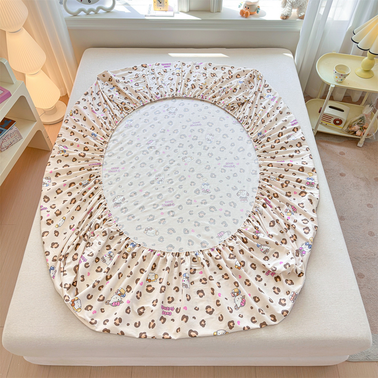 91家纺网 家纺一手货源 找家纺 女子家纺 2026新款全棉纯棉印花卡通单床笠 豹纹猫