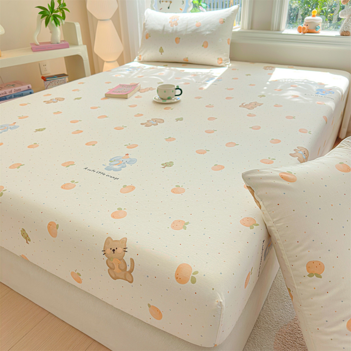 91家纺网 家纺一手货源 找家纺 女子家纺 2026新款全棉纯棉印花卡通单床笠 橘子象宝