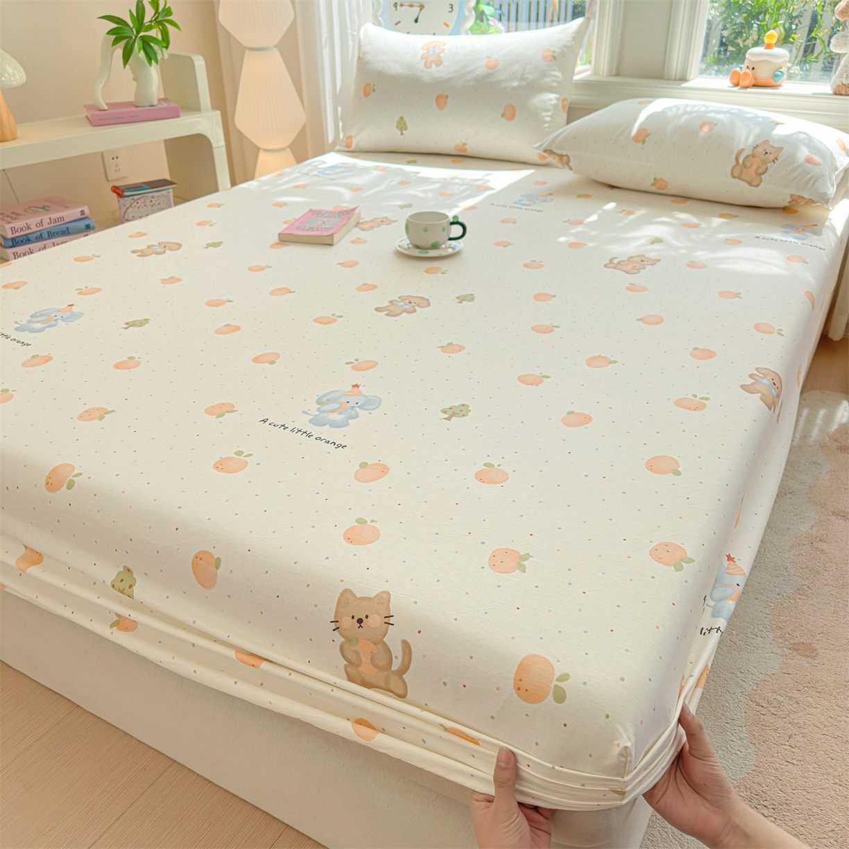 91家纺网 家纺一手货源 找家纺 女子家纺 2026新款全棉纯棉印花卡通单床笠 橘子象宝