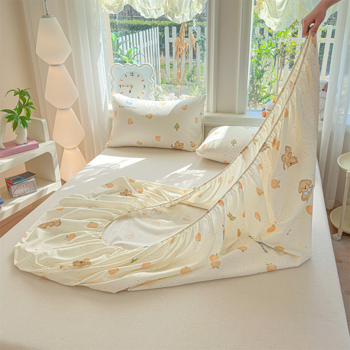 91家纺网 家纺一手货源 找家纺 女子家纺 2026新款全棉纯棉印花卡通单床笠 橘子象宝