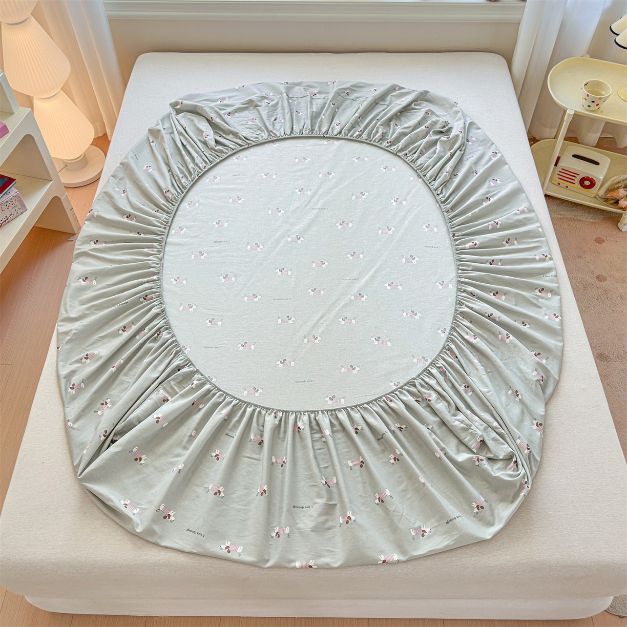 91家纺网 家纺一手货源 找家纺 女子家纺 2026新款全棉纯棉印花卡通单床笠 克里斯-绿