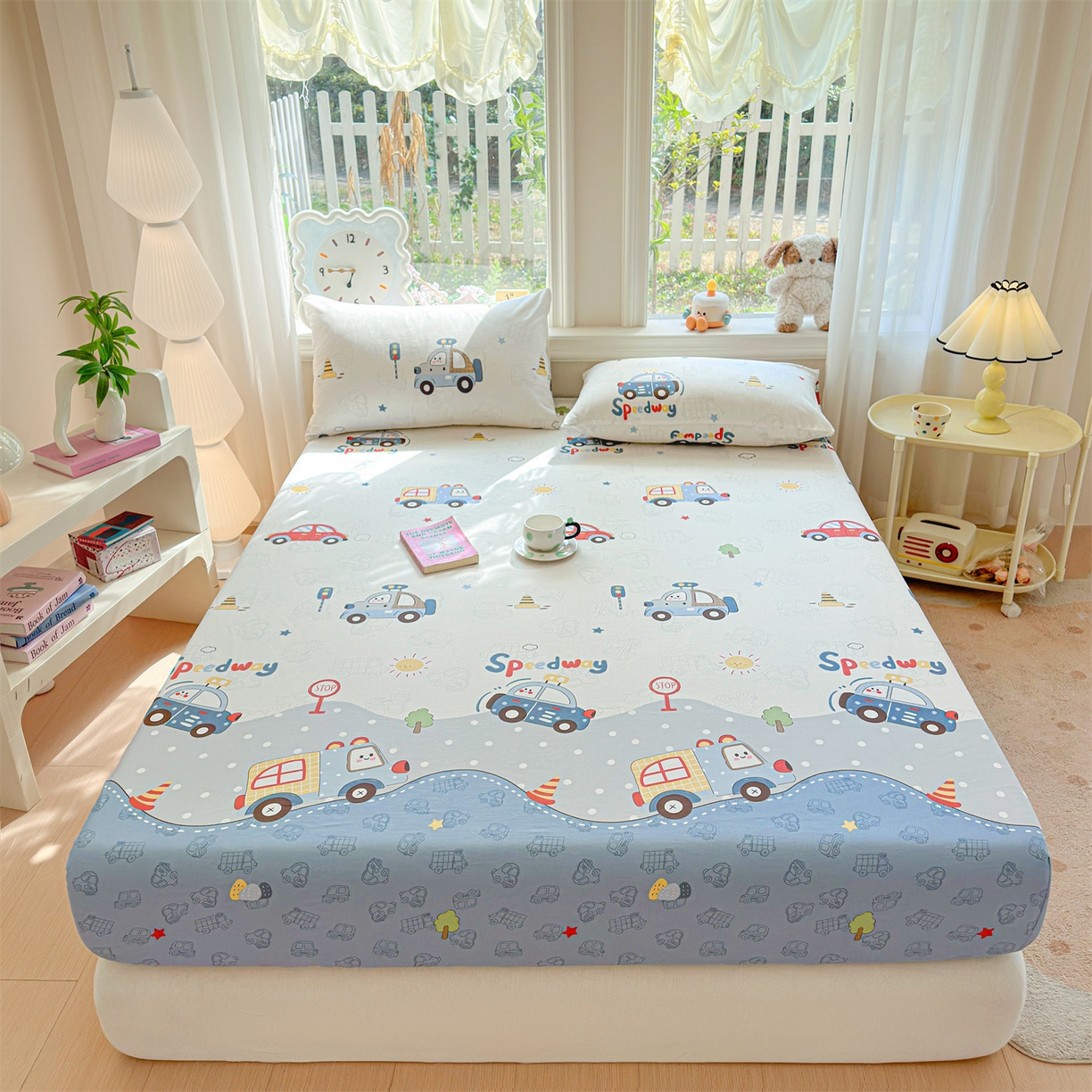 91家纺网 家纺一手货源 找家纺 女子家纺 2026新款全棉纯棉印花卡通单床笠 汽车嘟嘟