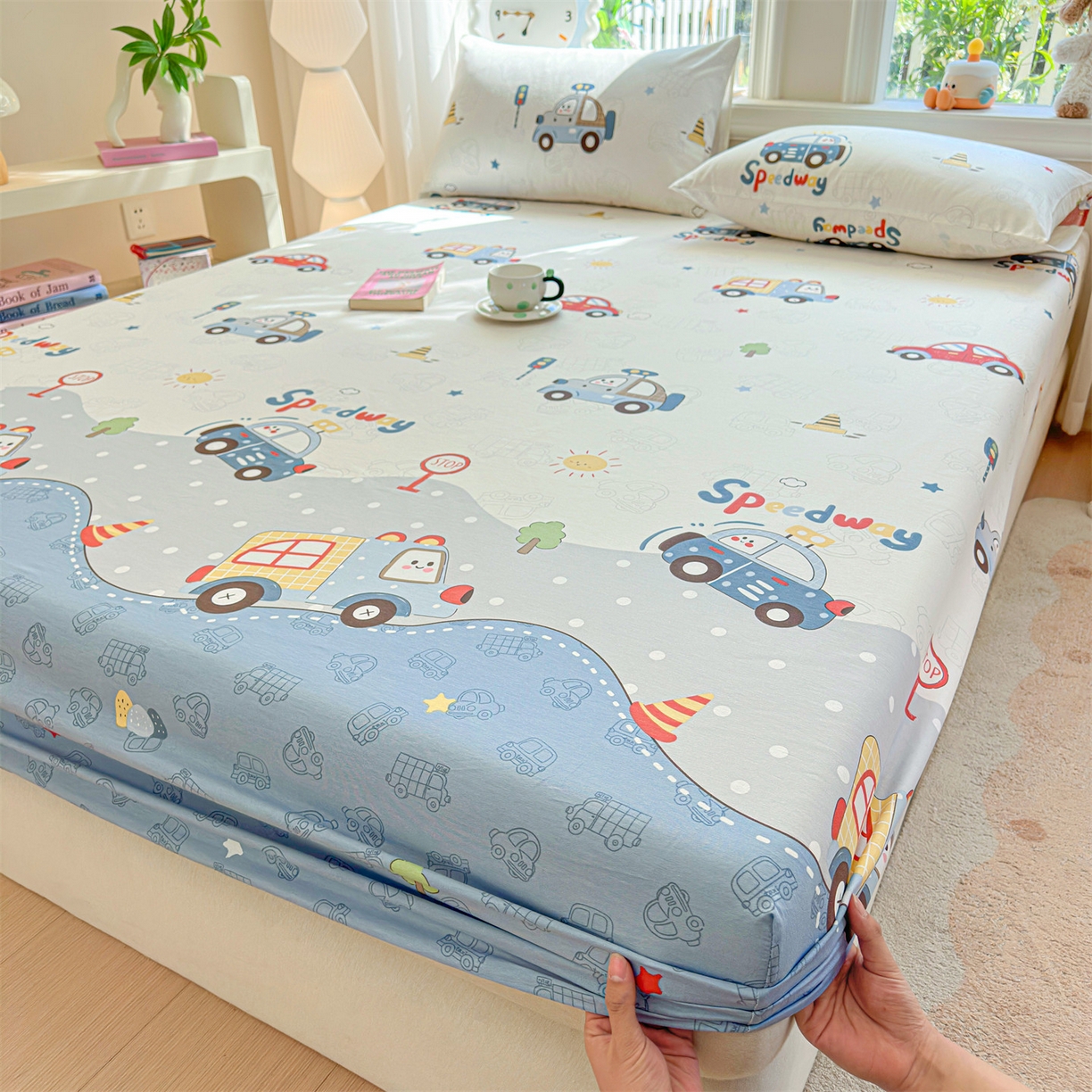 91家纺网 家纺一手货源 找家纺 女子家纺 2026新款全棉纯棉印花卡通单床笠 汽车嘟嘟