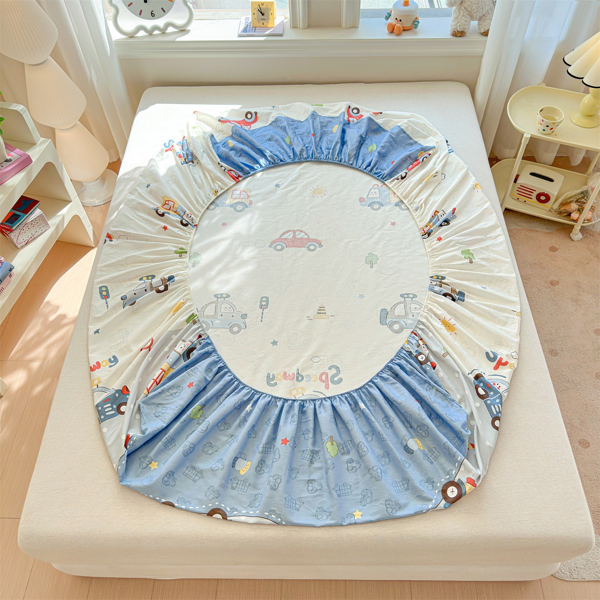 91家纺网 家纺一手货源 找家纺 女子家纺 2026新款全棉纯棉印花卡通单床笠 汽车嘟嘟