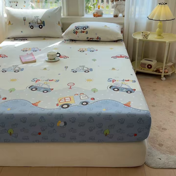 91家纺网 家纺一手货源 找家纺 女子家纺 2026新款全棉纯棉印花卡通单床笠 汽车嘟嘟