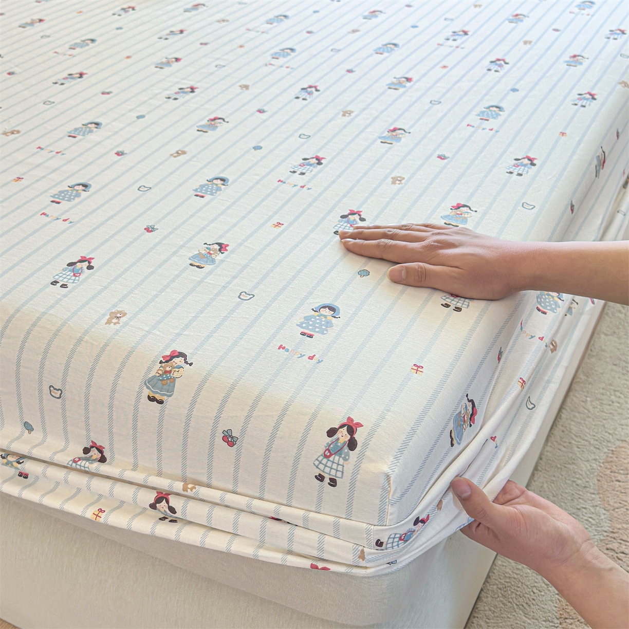 91家纺网 家纺一手货源 找家纺 女子家纺 2026新款全棉纯棉印花卡通单床笠 少女日记