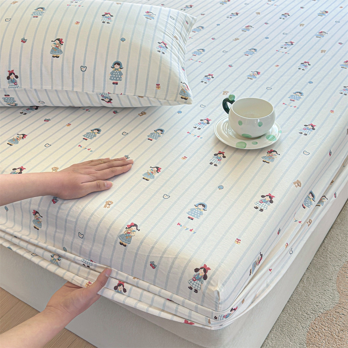 91家纺网 家纺一手货源 找家纺 女子家纺 2026新款全棉纯棉印花卡通单床笠 少女日记