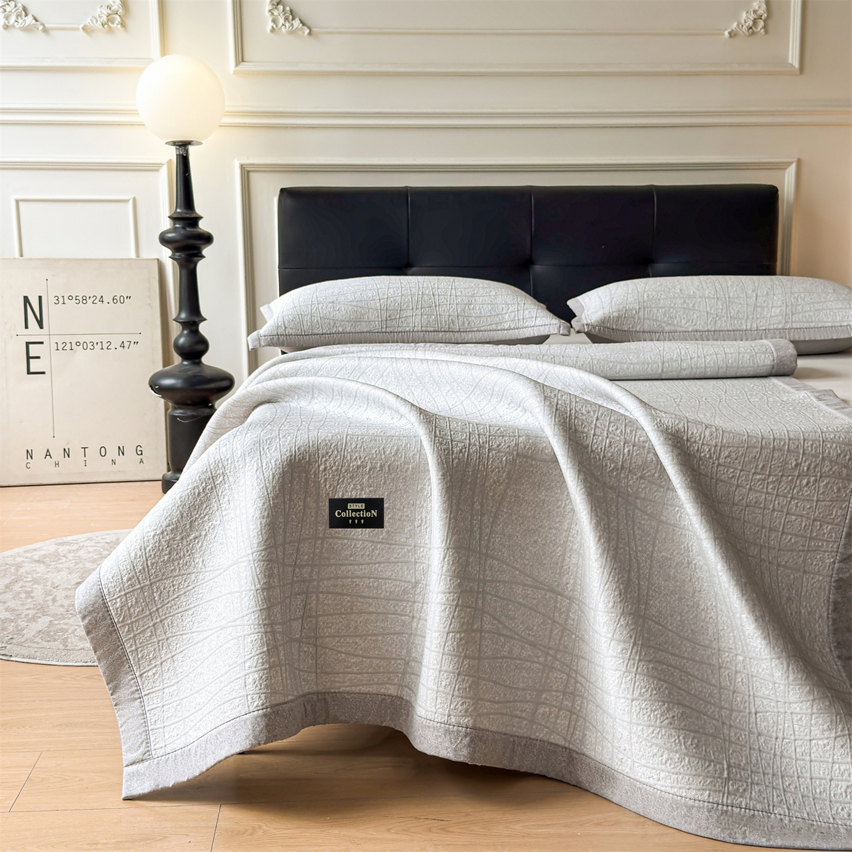 91家纺网 家纺一手货源 找家纺 耐思家纺 2026新款复合三明治PE乙纶提花冰豆豆凉席罗马曲线系列（提供买家秀） 罗马曲线-灰床席款