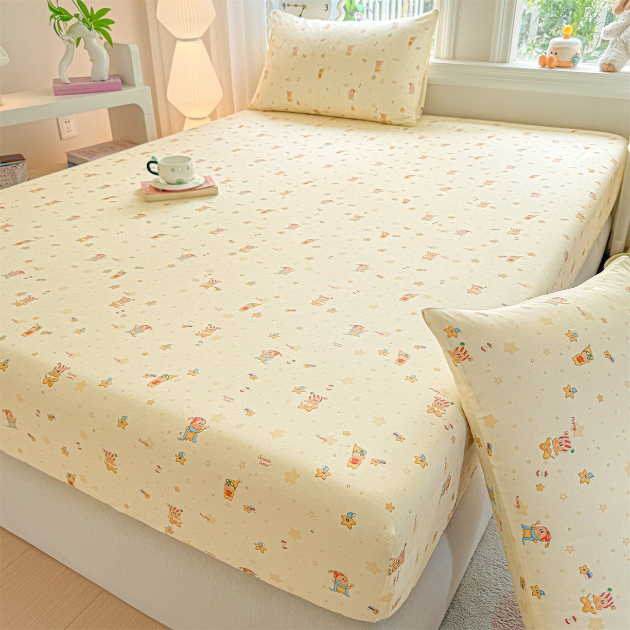 91家纺网 家纺一手货源 找家纺 女子家纺 2026新款全棉纯棉印花卡通单床笠 芝士星星仔