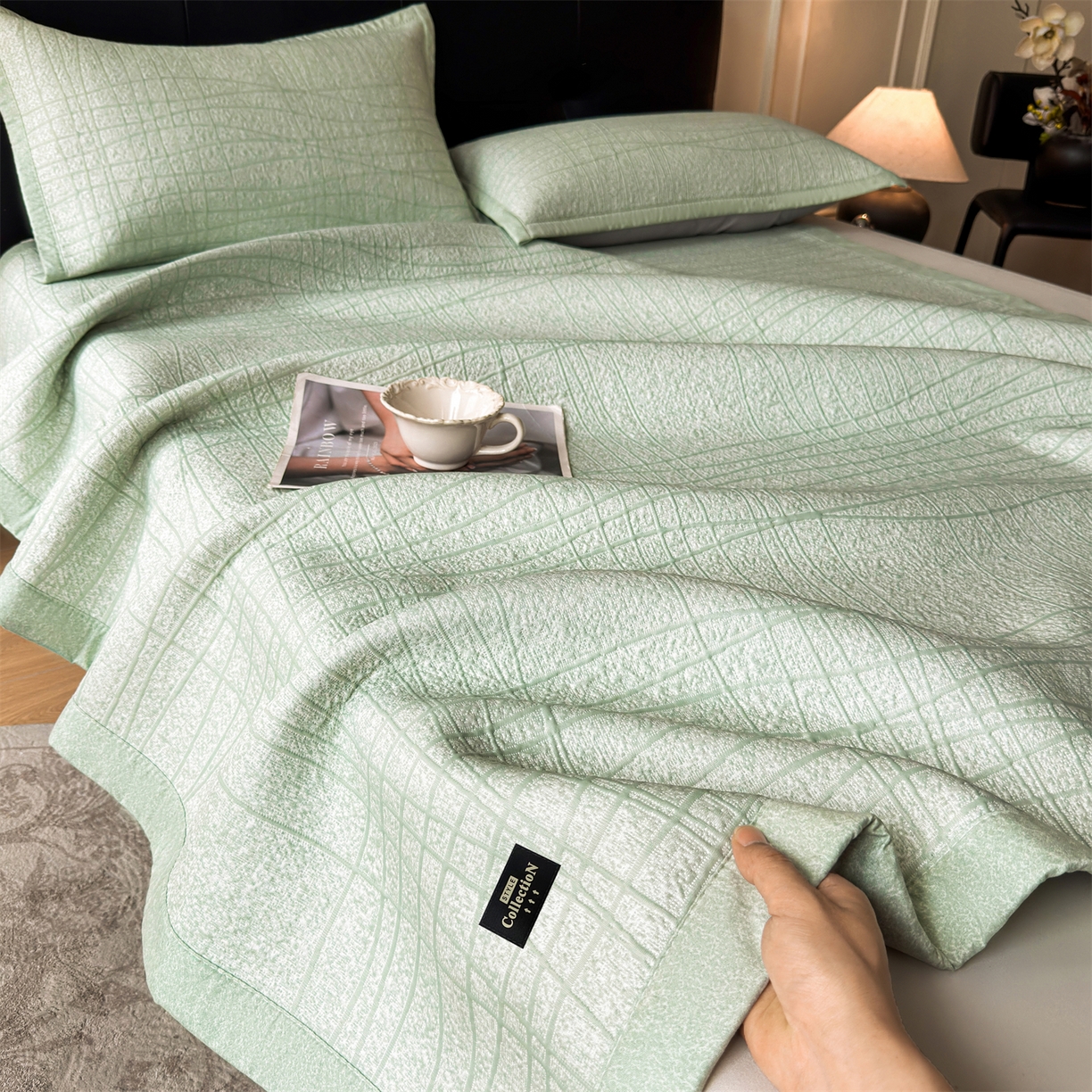 91家纺网 家纺一手货源 找家纺 耐思家纺 2026新款复合三明治PE乙纶提花冰豆豆凉席罗马曲线系列（提供买家秀） 罗马曲线-绿床席款