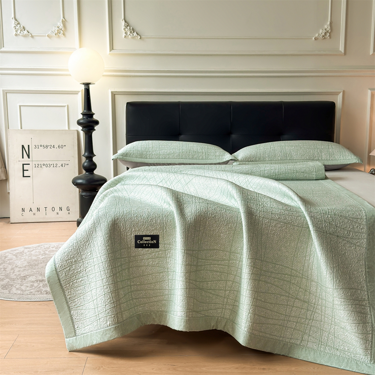 91家纺网 家纺一手货源 找家纺 耐思家纺 2026新款复合三明治PE乙纶提花冰豆豆凉席罗马曲线系列（提供买家秀） 罗马曲线-绿床席款