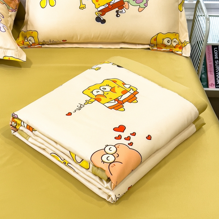 91家纺网 家纺一手货源 找家纺 云恋家纺 2026新款正版授权卡通冰丝夏凉被夏被空调被四件套 夏被-嘟嘟海绵宝宝