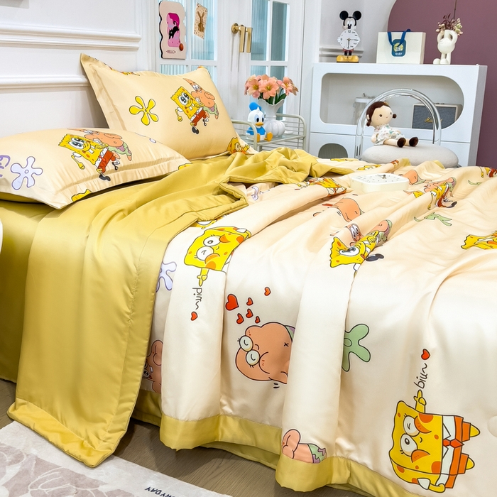 91家纺网 家纺一手货源 找家纺 云恋家纺 2026新款正版授权卡通冰丝夏凉被夏被空调被四件套 夏被-嘟嘟海绵宝宝