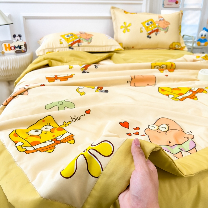 91家纺网 家纺一手货源 找家纺 云恋家纺 2026新款正版授权卡通冰丝夏凉被夏被空调被四件套 夏被-嘟嘟海绵宝宝