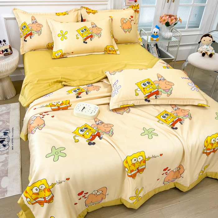 91家纺网 家纺一手货源 找家纺 云恋家纺 2026新款正版授权卡通冰丝夏凉被夏被空调被四件套 夏被-嘟嘟海绵宝宝