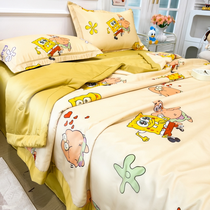 91家纺网 家纺一手货源 找家纺 云恋家纺 2026新款正版授权卡通冰丝夏凉被夏被空调被四件套 夏被-嘟嘟海绵宝宝