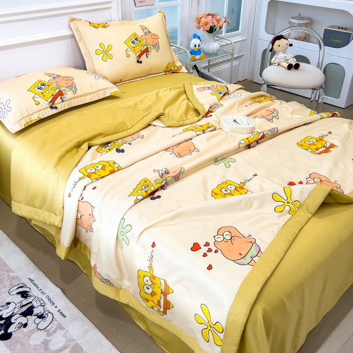 91家纺网 家纺一手货源 找家纺 云恋家纺 2026新款正版授权卡通冰丝夏凉被夏被空调被四件套 夏被-嘟嘟海绵宝宝