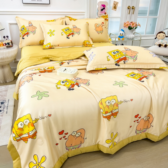 91家纺网 家纺一手货源 找家纺 云恋家纺 2026新款正版授权卡通冰丝夏凉被夏被空调被四件套 夏被-嘟嘟海绵宝宝