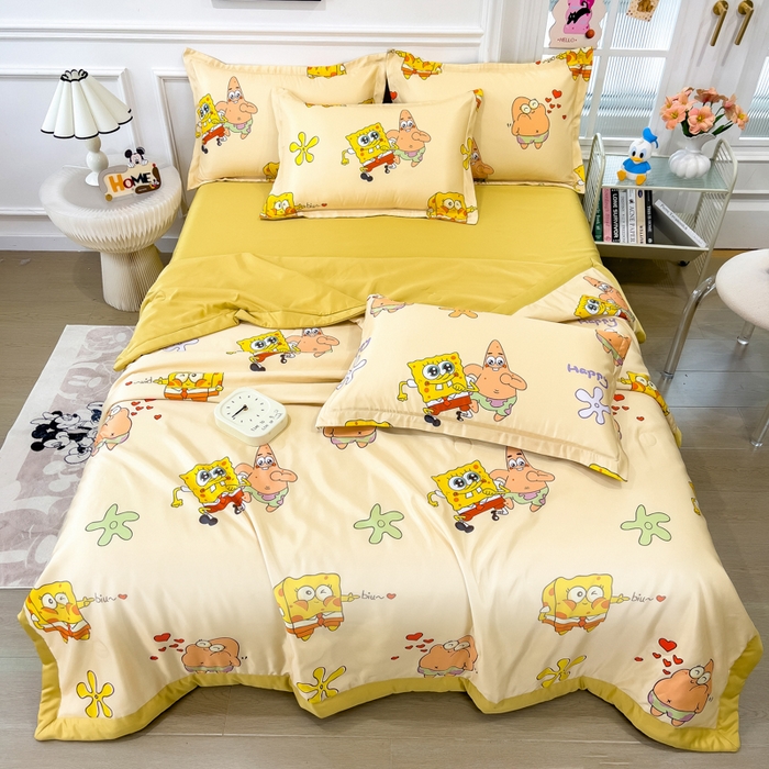 91家纺网 家纺一手货源 找家纺 云恋家纺 2026新款正版授权卡通冰丝夏凉被夏被空调被四件套 夏被-嘟嘟海绵宝宝