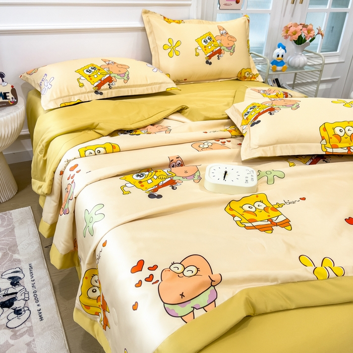 91家纺网 家纺一手货源 找家纺 云恋家纺 2026新款正版授权卡通冰丝夏凉被夏被空调被四件套 夏被-嘟嘟海绵宝宝