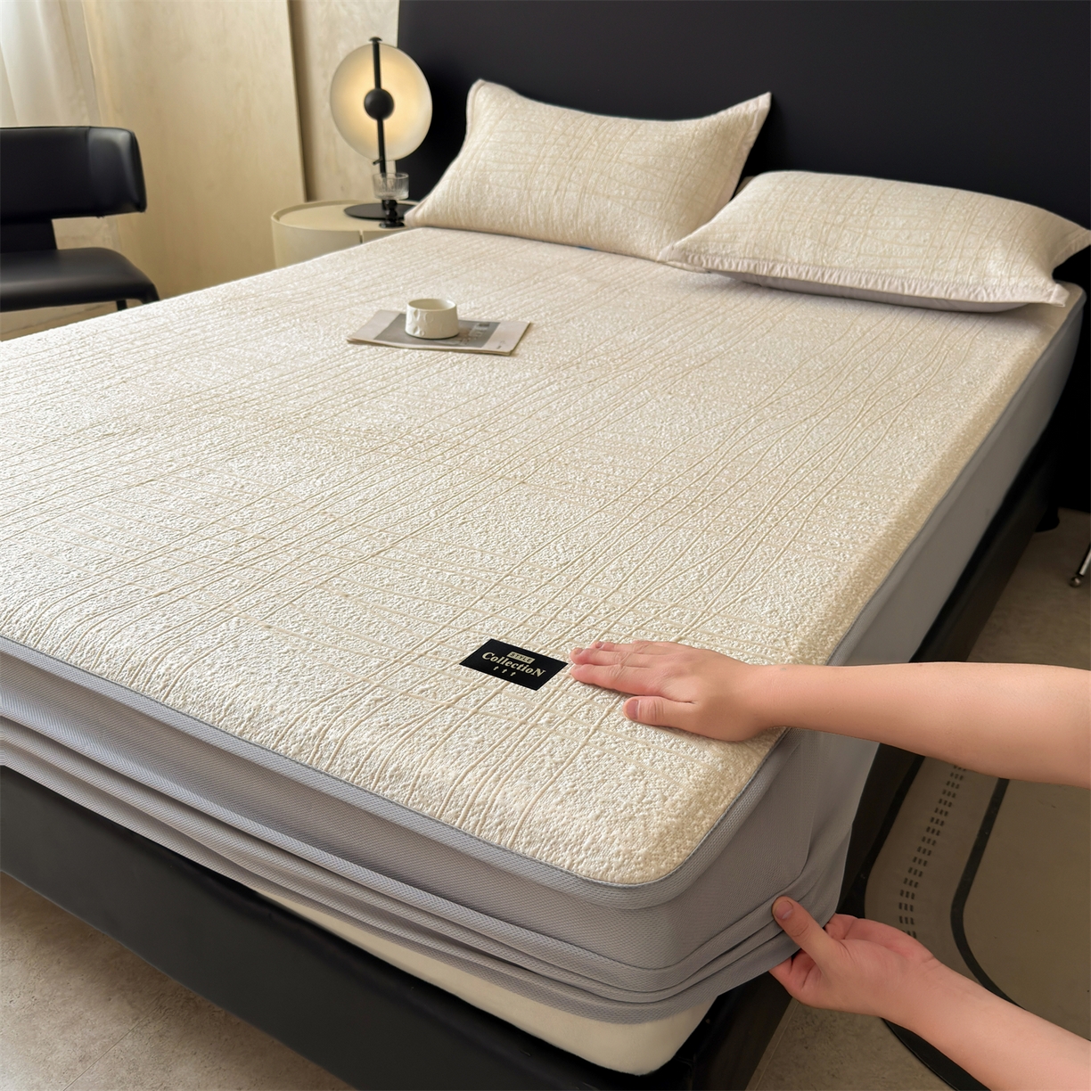 耐思家纺 2026新款复合三明治PE乙纶提花冰豆豆凉席罗马曲线系列（提供买家秀） 罗马曲线-卡其床笠款