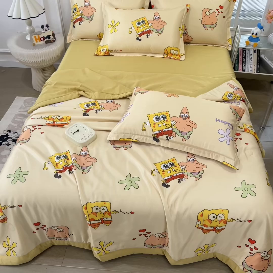 91家纺网 家纺一手货源 找家纺 云恋家纺 2026新款正版授权卡通冰丝夏凉被夏被空调被四件套 夏被-嘟嘟海绵宝宝